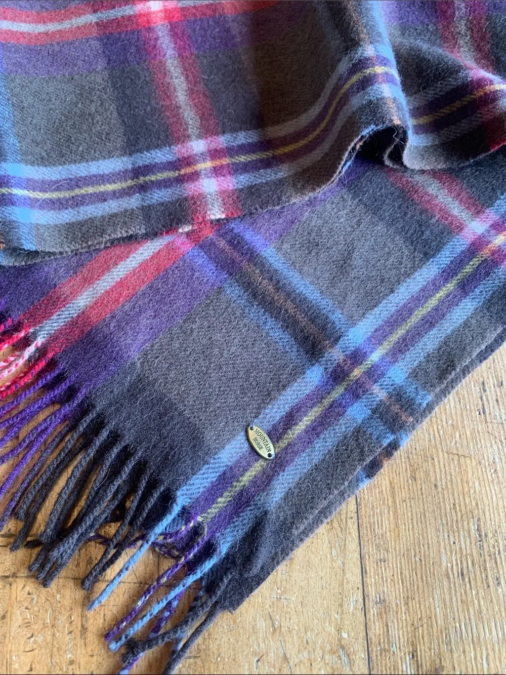 Mountain Horse Wool Blend Plaid Fringe Wool Blend Scarf in Gray, Purple & Red